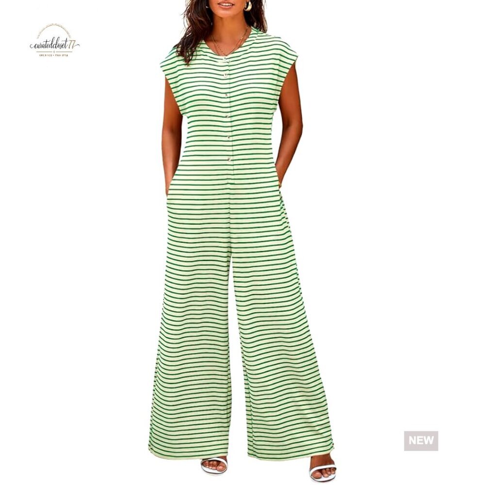 Small Striped Jumpsuit Wide Leg Palazzo Pants Button Down Summer Casual
